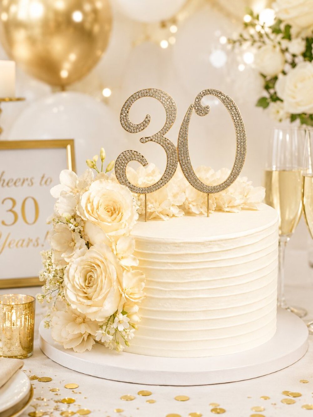 Rhinestone Cake Topper - Number 30 - Gold Metal with Czech Rhinestones